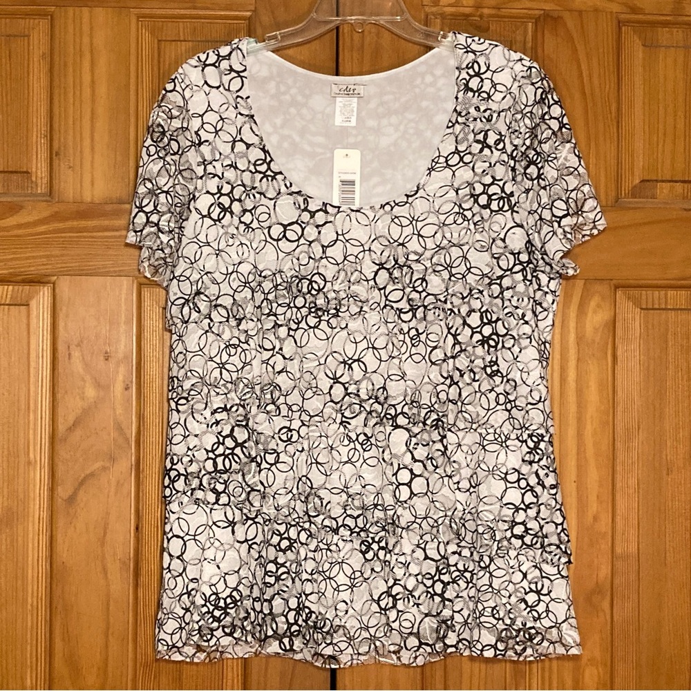 NWT cdw Creative Design Works Vintage 90s Blouse Short Sleeve Top White Black XL